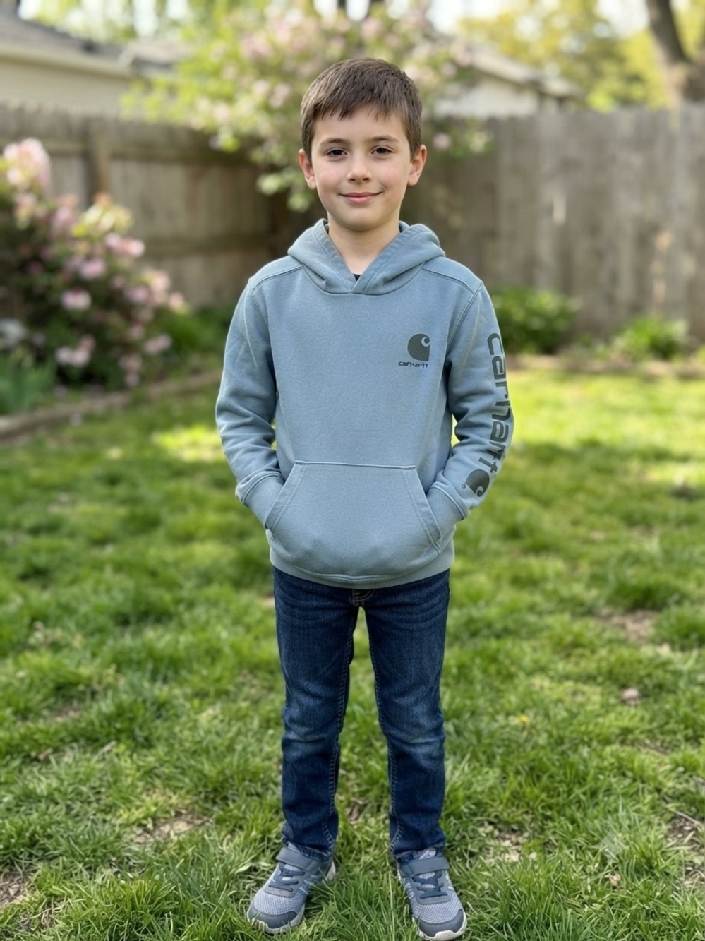 Carhartt Youth Sz M 10/12 Light Blue Sleeve Relaxed Fit Hoodie Sweatshirt A7-056